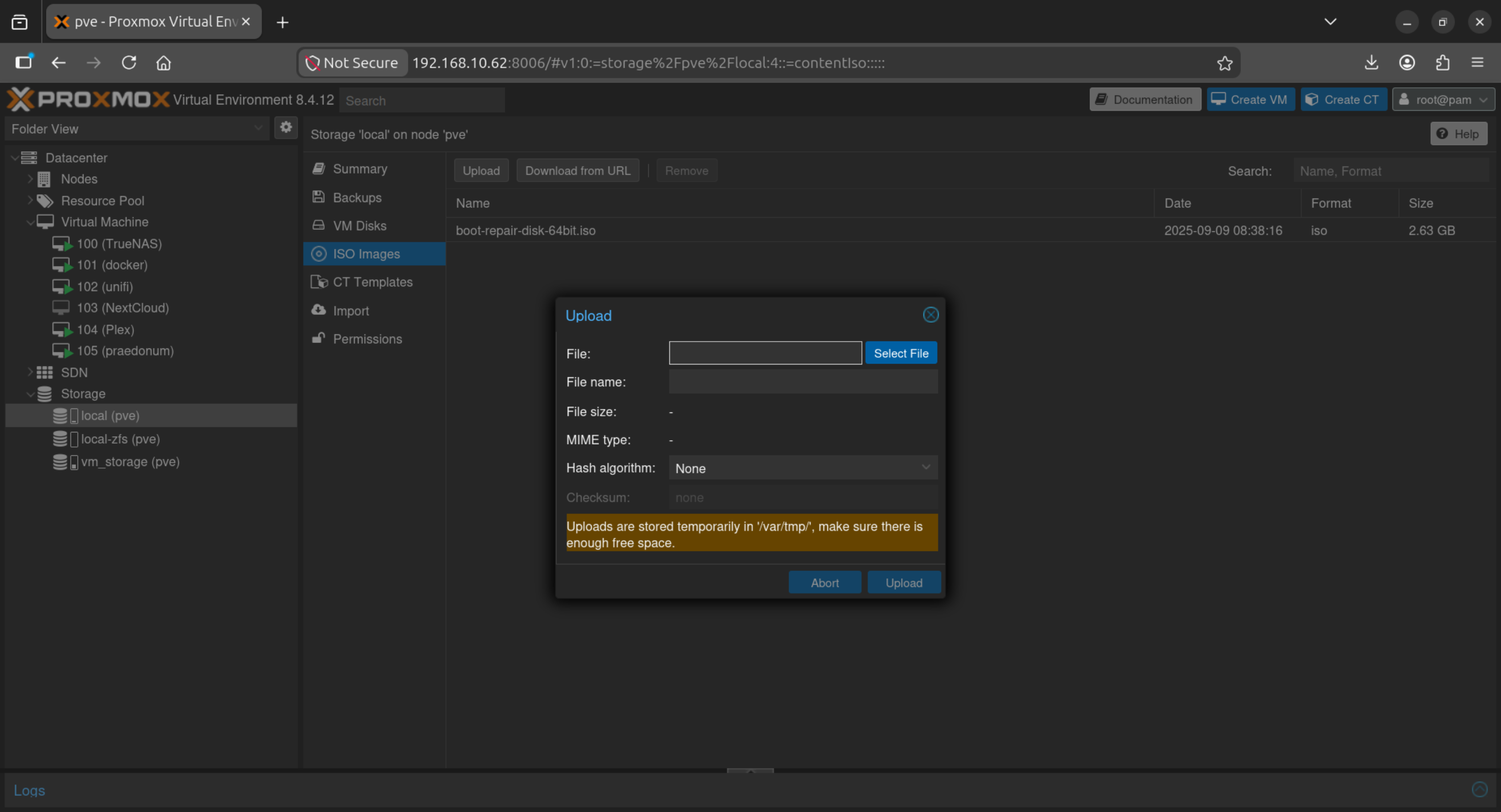 Proxmox: upload the configuration ISO