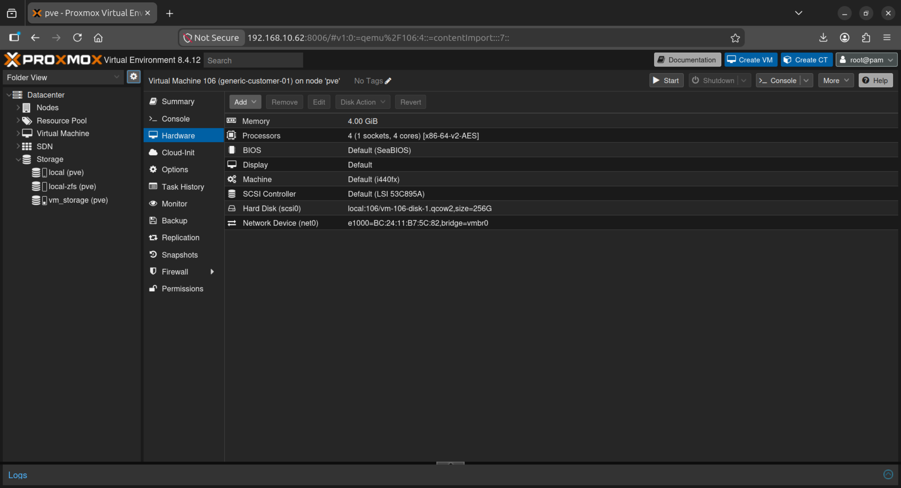 Proxmox: open VM hardware settings