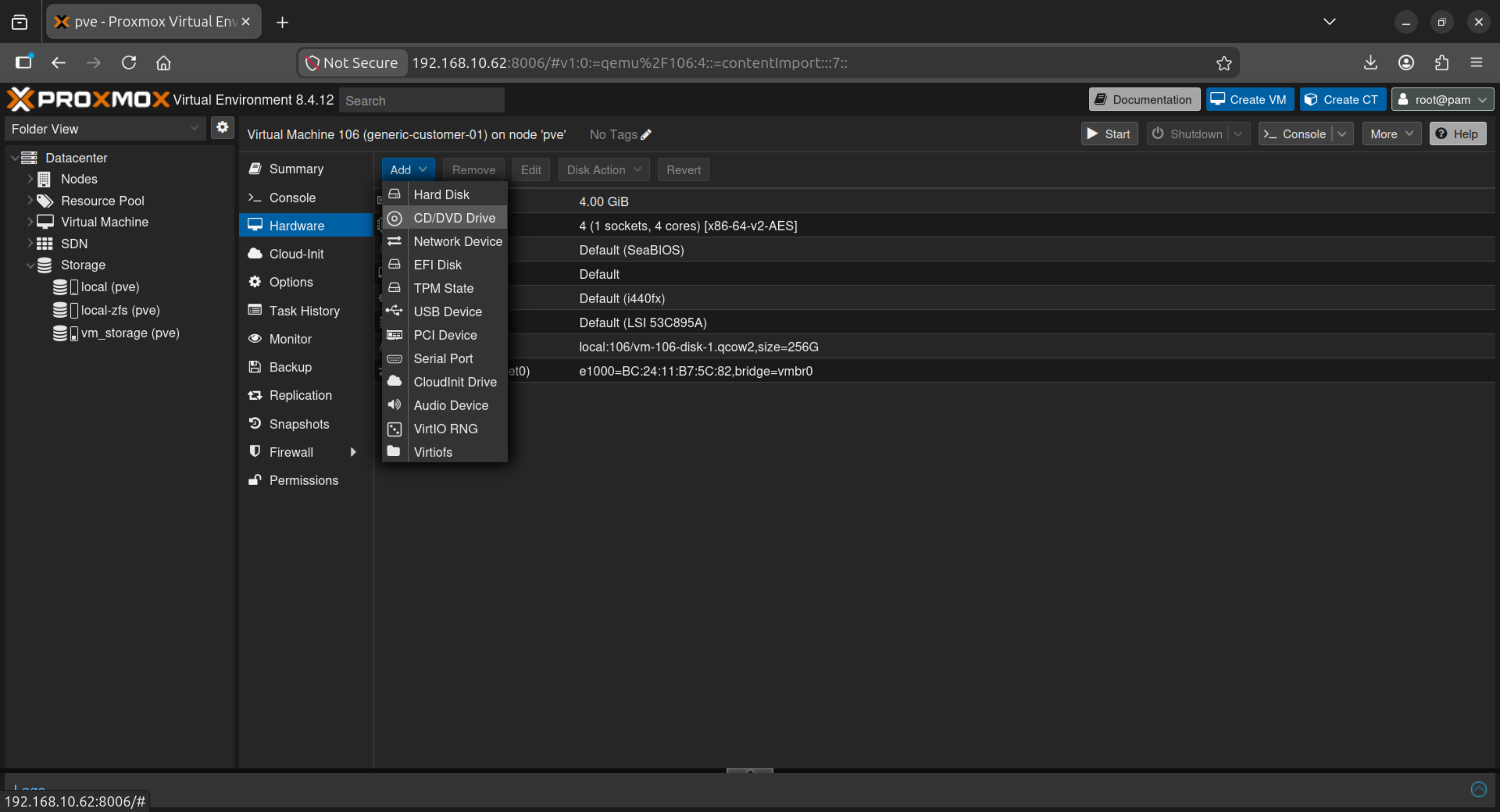Proxmox: add CD/DVD drive