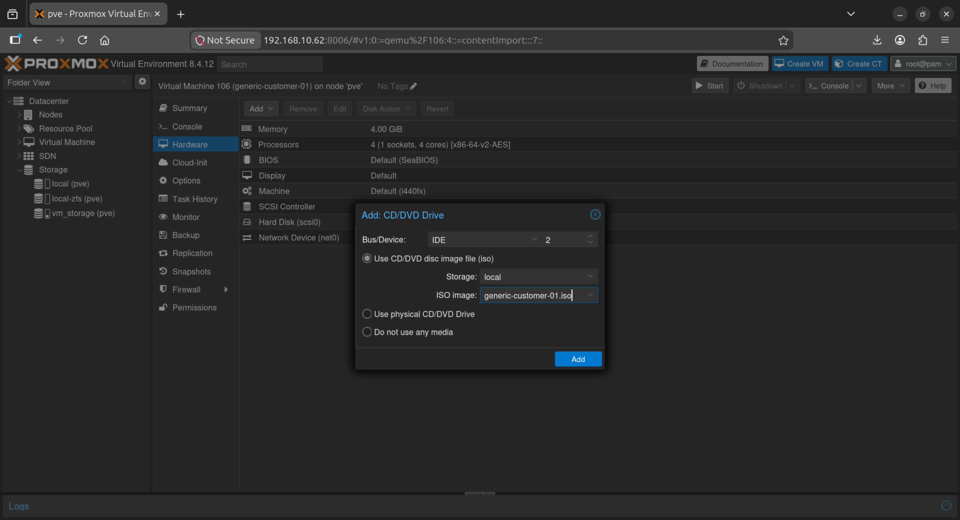 Proxmox: select the configuration ISO